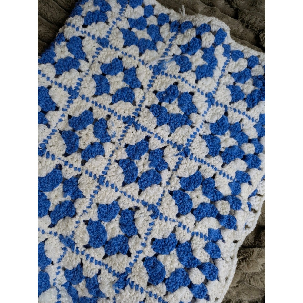 Vintage Handmade Crochet Granny Square Blanket Blue White Popcorn Stitch Afghan